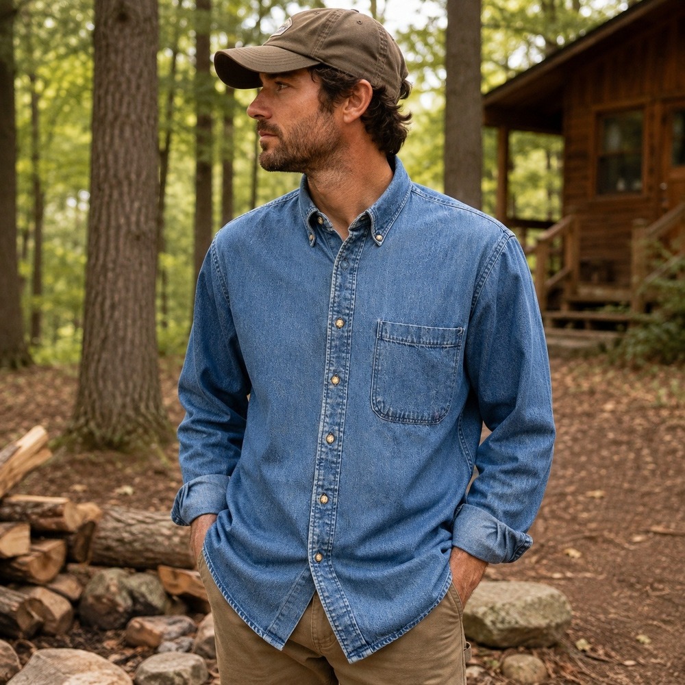 Casual Men's Blue Denim Button-Down Shirt